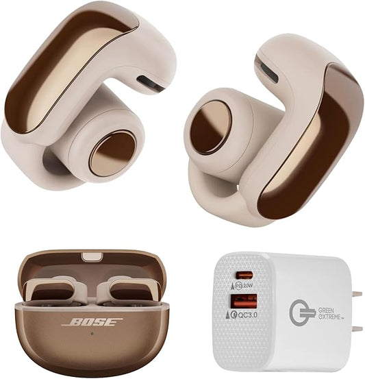 Bose Ultra Open Bluetooth Earbuds, True Wireless Earbuds with OpenAudio for Awareness, Clip On Design for Comfort, Immersive Audio, Up to 48 Hrs of Playtime + 20W Wall Charger (Driftwood Sand)