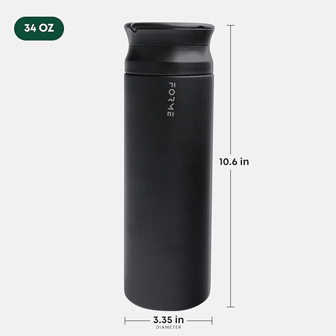 FORME - Blender Shaker Bottle, Leakproof Double Insulated Stainless Steel, Noiseless Shaker Bottle for Hot & Cold Drinks, Ideal for Protein & Supplement Shakes (Charcoal, 33.8 ounces)