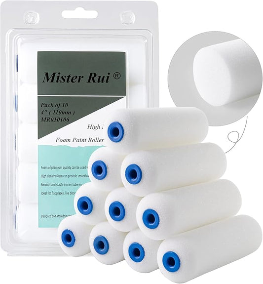 Mister Rui Foam Paint Roller, Sponge Paint Roller Sleeve, High Density Foam, for Furniture Painting and Decorating, 4 Inch Head-Rounded Design (110mm), Pack of 10