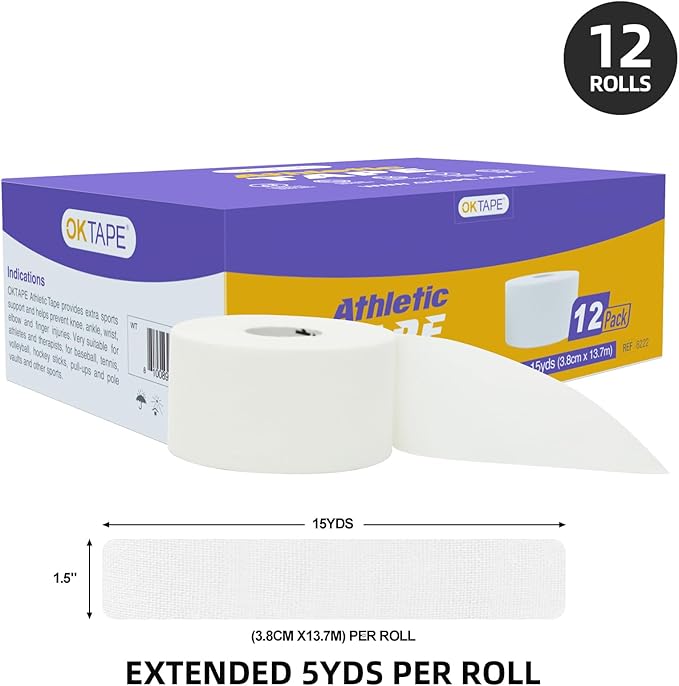 OK TAPE Athletic Sports Tape(12-Rolls) -45ft Per Roll Very Strong Tape for Athlete & Sport Trainers & First Aid Injury Wrap, Perfect for Fingers Ankles Wrist on Bat, Hockey Stick - White