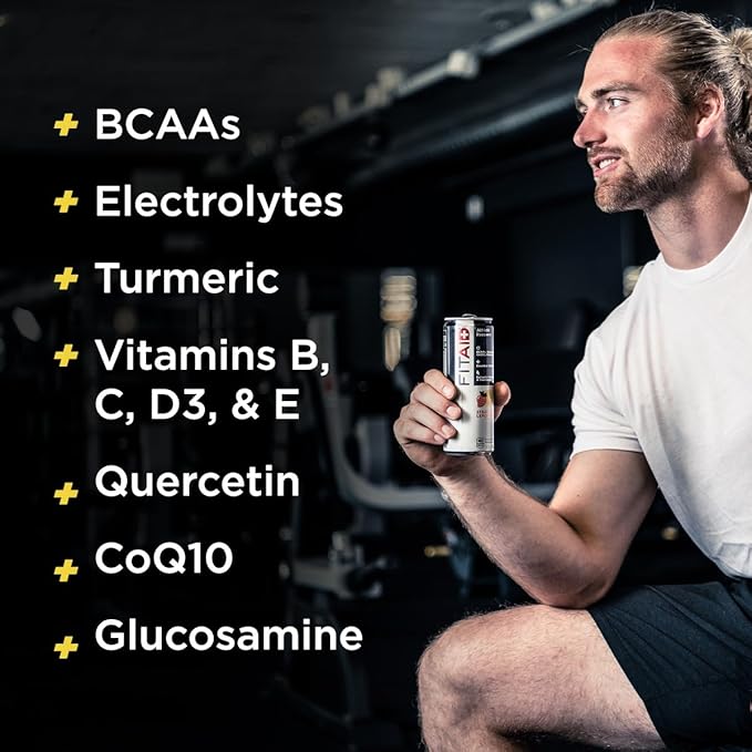 FITAID Post Workout Recovery Drink, Strawberry Lemonade, BCAAs, Glucosamine, Electrolytes, All In One Can, Paleo, Vegan & Gluten-Free, 40 Calories, 12 Fl Oz (Pack of 12)