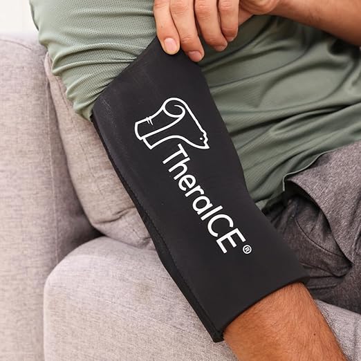 TheraICE Elbow Ice Pack Compression Sleeve for Injuries, Reusable Gel Cold Packs Brace, Shin Splints, Calf Strain, Flexible Cold Wrap Recovery for Tennis Elbow, Tendinitis Pain Relief (S)