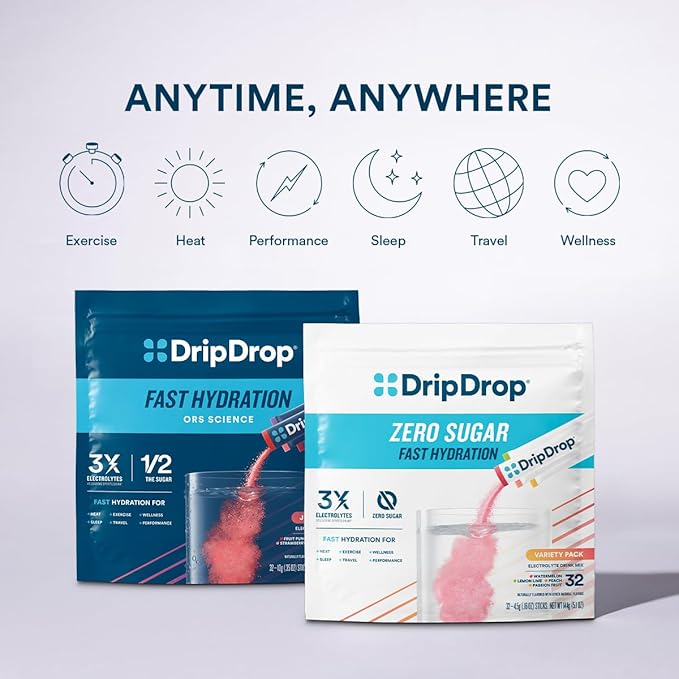 DripDrop Sugar Free Hydration Packets - Zero Lemon Lime - Single Serve Electrolytes Powder Drink Mix - Non-GMO, Gluten Free, Vegan - 32 Sticks