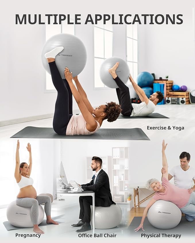 Trideer Extra Thick Yoga Ball Exercise Ball, 5 Sizes Gym Ball, Heavy Duty Ball Chair for Balance, Stability, Pregnancy, Quick Pump Included