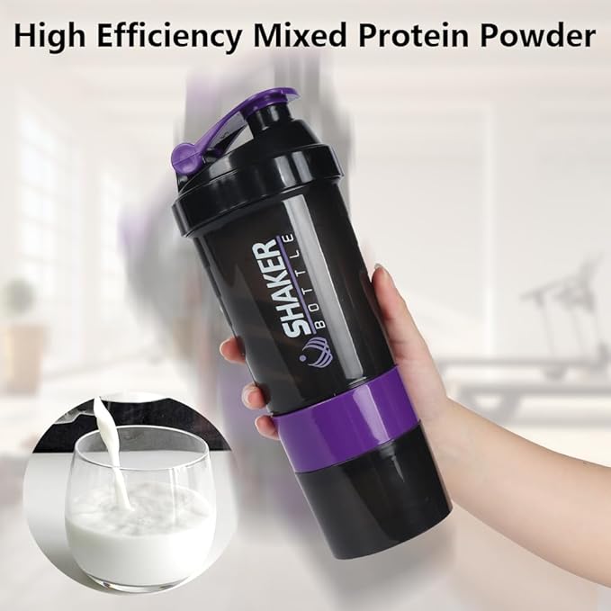 Shaker Bottle, Leak Proof Shaker Bottle for Protein Mixes,16oz 3 Layer Twist Off Cup with Pill & Supplement Storage, Gym Sports Cup for Protein Powder, Purple