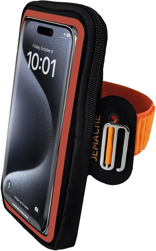 JEMACHE Running Armband for iPhone 17 16 15 14 13 Pro Max/Plus, Samsung Galaxy S25 S24 S23 Ultra/Plus, G Buckle Workouts Phone Arm Band Bag (Orange) L