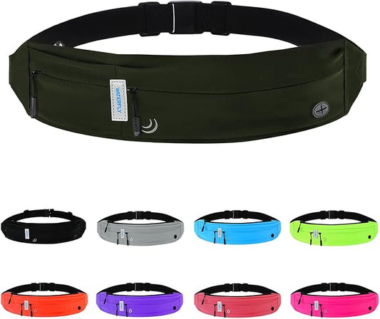 WATERFLY Running Belt Fanny Pack: Runner Marathon Jogging Waist Pack Sport Workout Exercise Fitness Phone Holder Belt for Men Women Jogger Slim Waistband Black
