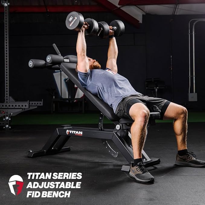 Titan Fitness TITAN Series FID Bench, Adjustable Weight Bench with 70 Flat, Incline, Decline Angles, Rated 600 LB, Durable Vinyl Padding, Workout Bench for Home Gym Weightlifting & Strength Training