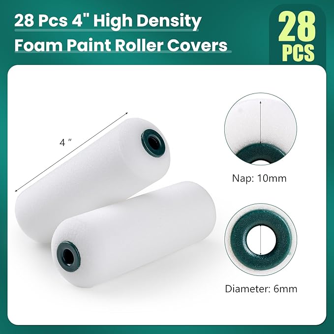 Foam Paint Roller, 28 Pack, 4 Inch Small Paint Roller Kit with High-Density Foam Paint Roller Covers, Mini Paint Rollers for Painting Walls, Home Painting Supplies