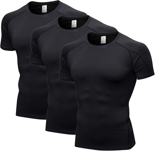 Audoc Compression Shirt Men 3 Pack Quick-Dry Athletic Baselayer 4-Way Stretch Moisture-Wicking Short Sleeve Workout Shirts