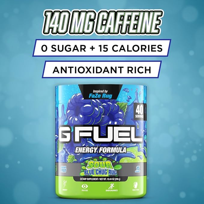 G Fuel Chug Rug Energy Drink Powder, Pre Workout Caffeine Mix for Gaming, Sugar Free Focus Amino, Vitamin + Antioxidants, 10.44oz (Sour Blue Raspberry, 40 Servings)