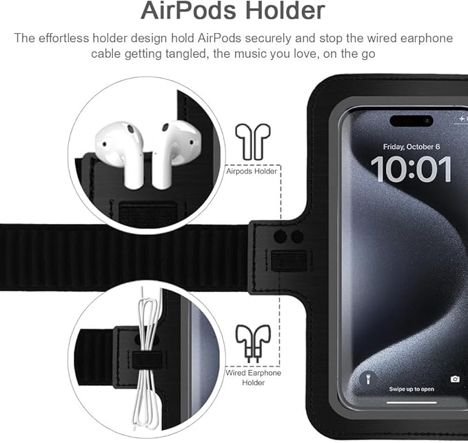 JEMACHE Slim Running Phone Armband for iPhone 17 16 15 14 13 Pro Max, Samsung Galaxy S25 S24 S23 S22 Ultra/Plus with Earphone Holder (Black) L
