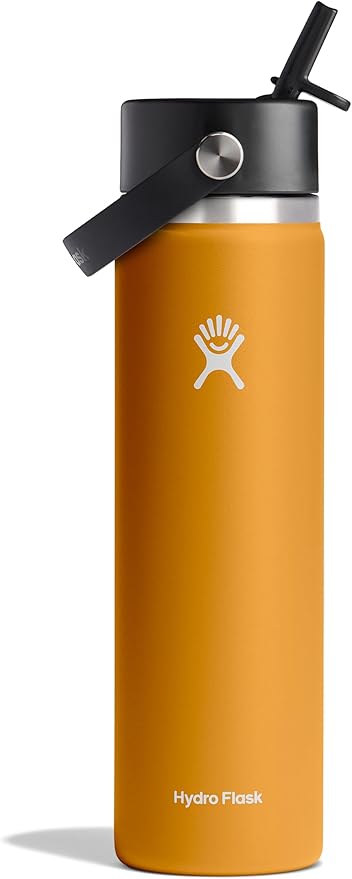 Hydro Flask Water Bottle - Insulated Stainless Steel - Wide Mouth Flex Straw Lid, Non Spill, Leakproof and Refillable in 24 Oz Fossil
