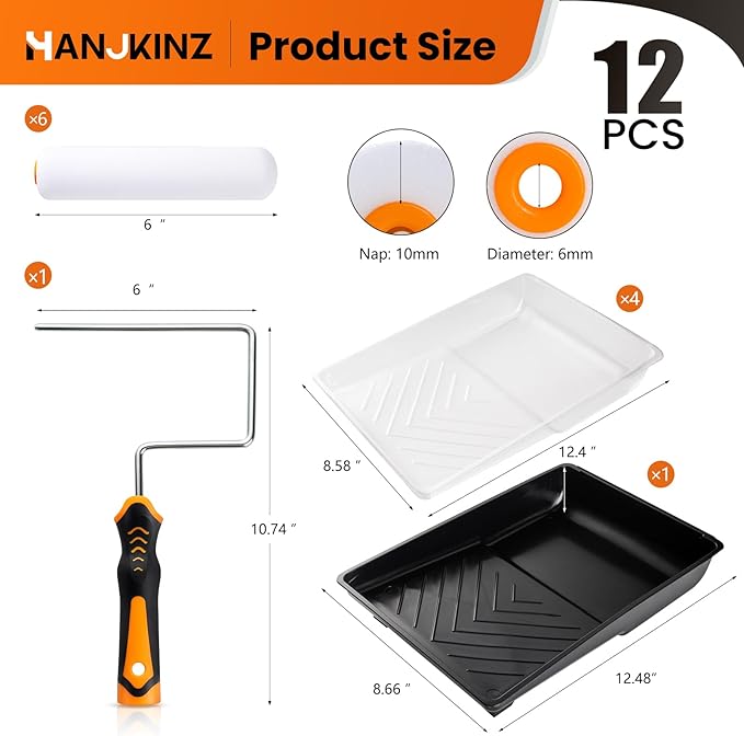 12 Pcs 6 Inch Paint Roller Kit with High-Density Foam Paint Roller, Paint Tray with Liner, Mini Roller for Painting Wall, Door, Cabinet