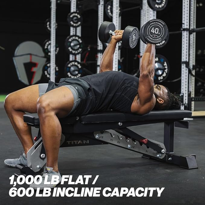 Titan Fitness TITAN Series Adjustable Bench, Supports 600 LB Incline, 1,000 LB Flat, Versatile Single Post Utility Workout Bench for Home Gym, Weightlifting, Strength Training