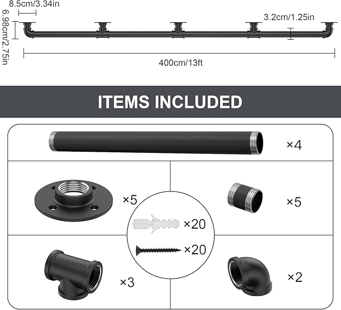 13FT Industrial Stair Railing Wall Mount Staircase Handrail φ1.3" Pipe Hand Rail for Steps Grab Bar Foot Rail Vintage Pipe Railing Black Deck Handrail for Outdoor Indoor Stairs Porch