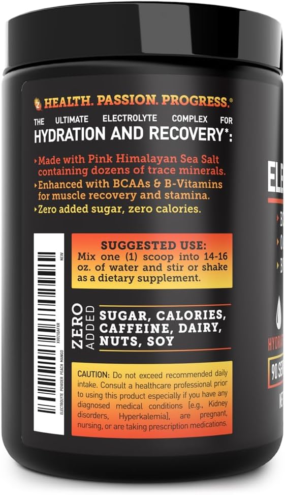 Zeal Naturals Electrolyte Powder Recovery Drink (90 Servings | Peach Mango) w 0 Sugar +BCAAs +B-Vitamins Electrolyte Supplement w Potassium Zinc & Magnesium for Hydration - Keto Electrolytes