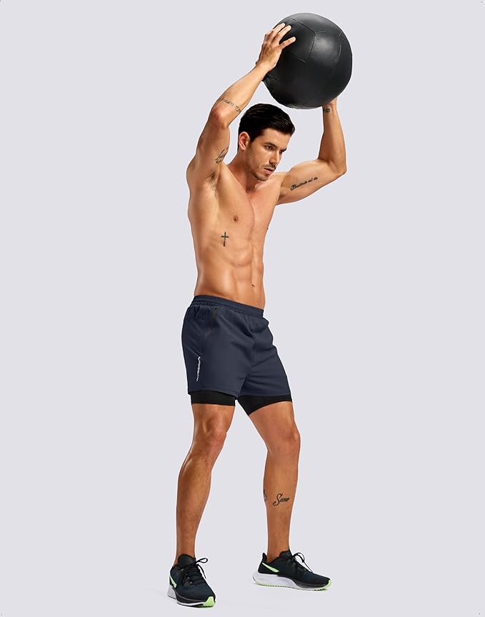 Pudolla Men's 7" Running Shorts with Zipper Pockets Quick Dry 2 in 1 Workout Gym Shorts with Liner for Tennis Yoga Training