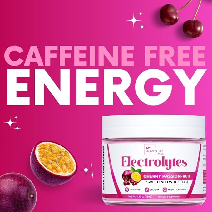 Zero Sugar - Cherry Passionfruit Electrolytes Powder - Refreshing Hydration - Caffeine Free Energy with All Natural Ingredients - Vegan, Keto, Paleo - Sugar Free Electrolytes Drink Mix - 30 Servings