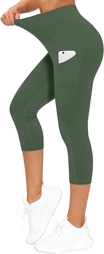 THE GYM PEOPLE Thick High Waist Capris Yoga Pants with Pockets, Tummy Control Workout Running Yoga Leggings for Women