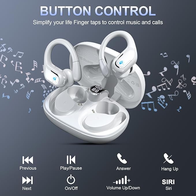 Wireless Earbud Bluetooth 5.4 Headphones 75Hrs Playtime, 2025 Bluetooth Earbuds Deep Bass Noise Cancelling Mic, Over Ear Bud with Sport Earhooks, IP7 Waterproof Earphones Button Control, USB-C White