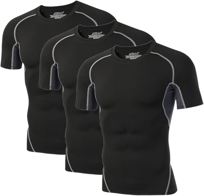 Audoc Compression Shirt Men 3 Pack Quick-Dry Athletic Baselayer 4-Way Stretch Moisture-Wicking Short Sleeve Workout Shirts