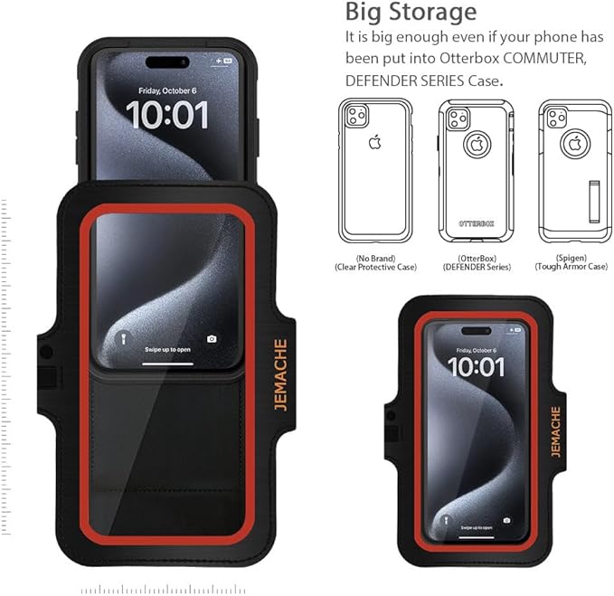 JEMACHE Slim Running Phone Armband for iPhone 17 16 15 14 13 Pro Max, Samsung Galaxy S25 S24 S23 S22 Ultra/Plus with Earphone Holder (Orange) S