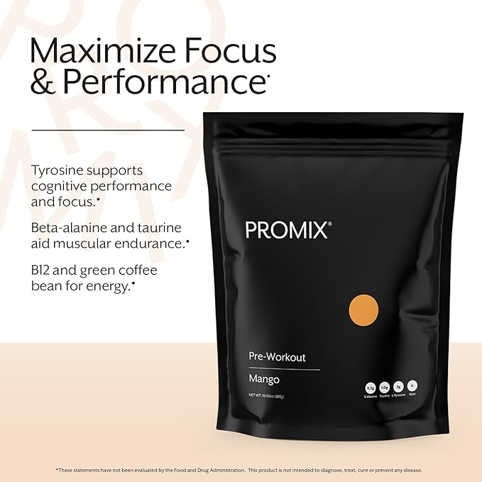 ProMix Nutrition Pre-Workout - Maximize Focus and Performance - Free of Stevia, Xanthan Gum, Soy, Gluten and GMOs - Mango - 30 Servings (Pack of 1)