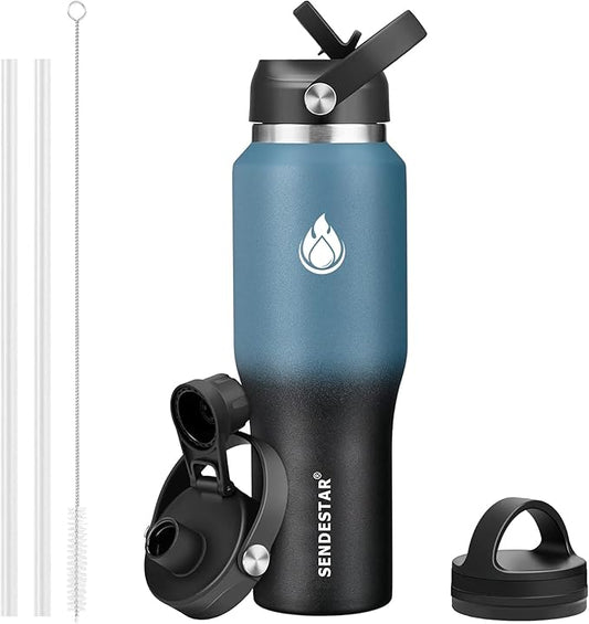 SENDESTAR 40oz Stainless Steel Water Bottle(Cold for 48 Hrs, Hot for 24 Hrs),Double Wall Vacuum Insulated Bottle with Straw Lid, Spout Lid and Flex Cap, Fit in Any Car Cup Holder,Cyanotic B