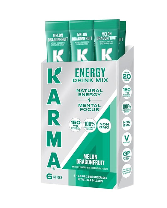 Karma Energy Hydration Packets – 6 Pack, Melon Dragonfruit Drink Mix with Cognizin® Nootropics, Vitamins & Immune Support, Low Calorie