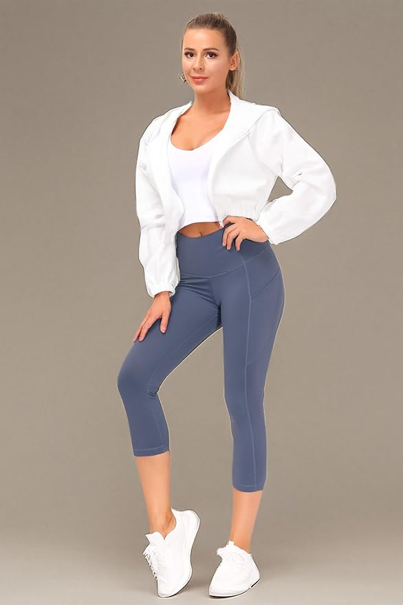 THE GYM PEOPLE Thick High Waist Capris Yoga Pants with Pockets, Tummy Control Workout Running Yoga Leggings for Women