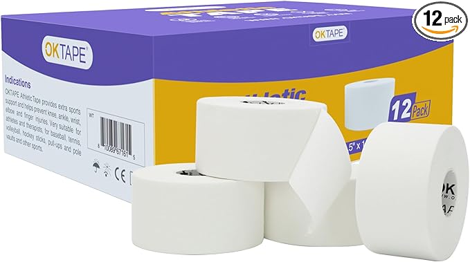 OK TAPE Athletic Sports Tape(12-Rolls) -45ft Per Roll Very Strong Tape for Athlete & Sport Trainers & First Aid Injury Wrap, Perfect for Fingers Ankles Wrist on Bat, Hockey Stick - White