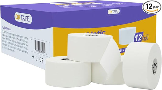 OK TAPE Athletic Sports Tape(12-Rolls) -45ft Per Roll Very Strong Tape for Athlete & Sport Trainers & First Aid Injury Wrap, Perfect for Fingers Ankles Wrist on Bat, Hockey Stick - White