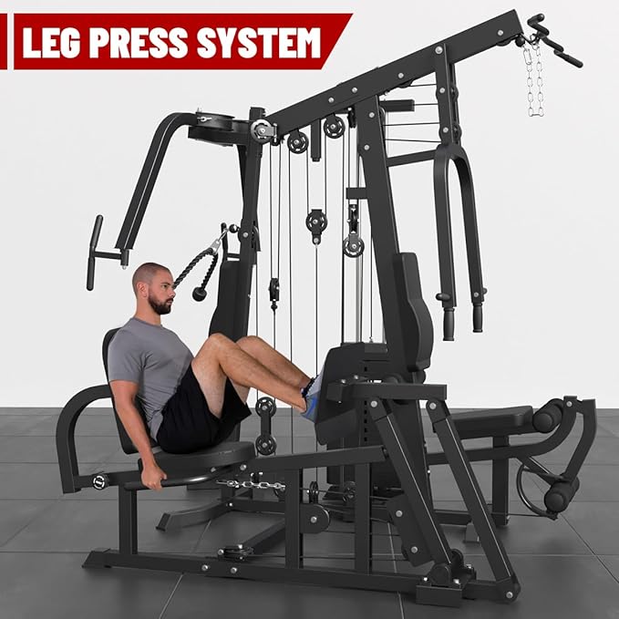 Multifunction Home Gym System Workout Station,Smith Machine with 100LB Weight Stack, Leg Press, LAT Station for Full Body Training (Home Gym Station)