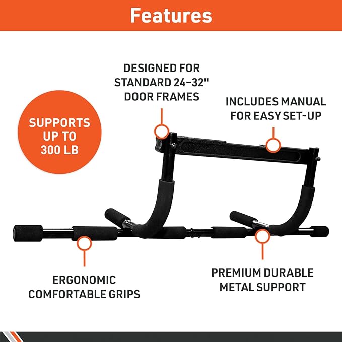 Body Sport 3-in-1 Pull-Up Bar for Doorway, Upper Body Fitness Workout Bar – 300 lb. Max Limit, Multi-Grip Exercise Bar – Portable Fitness Trainer for Home Gym