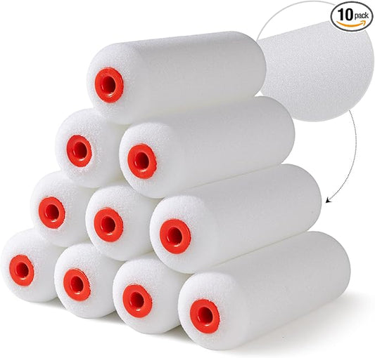 Mister Rui 4" Foam Paint Roller Covers 10-Pack, 50kg/m³ High Density - Washable & Reusable for Smooth Finish on Furniture, Cabinets, DIY Projects