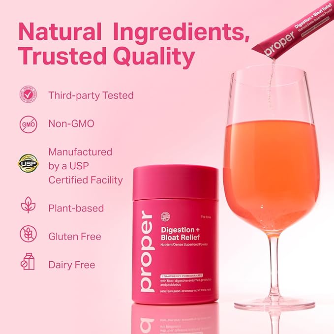 Proper, The Pinks Digestion and Bloat Relief. Drink Mix with Gut Health Probiotics, Prebiotics, Beet Root & Enzymes for Digestive Support. Bloating and Microbiome Supplement for Women and Men