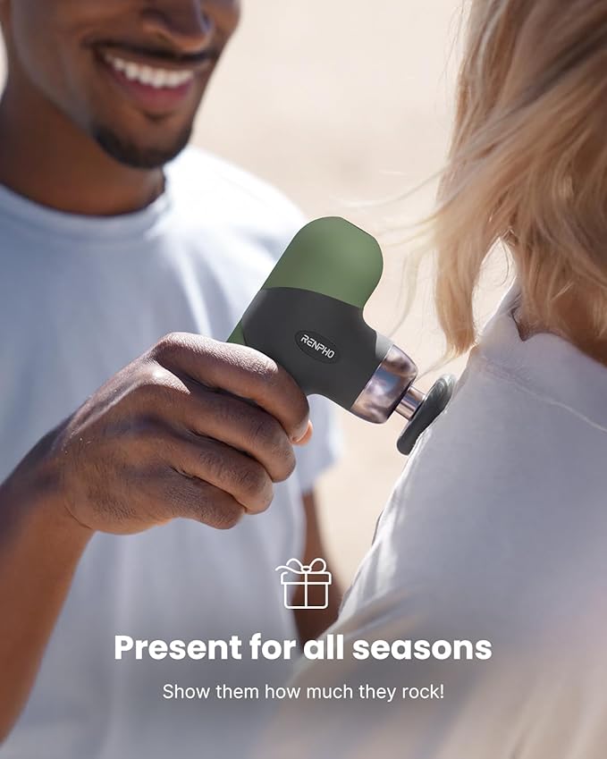 RENPHO Mini Thermal Massage Gun with Heat, Portable Deep Tissue Percussion Massager, Color Silicone Sleeves Travel Size with Carry Case, Olive Drab