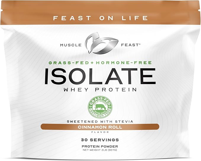 Muscle Feast Grass-Fed Whey Protein Isolate, All Natural Hormone Free Pasture Raised, Whey Isolate Protein Powder for Men and Women, Clean, Gluten-Free, Delicious Isolate Protein - Cinnamon Roll, 2lb