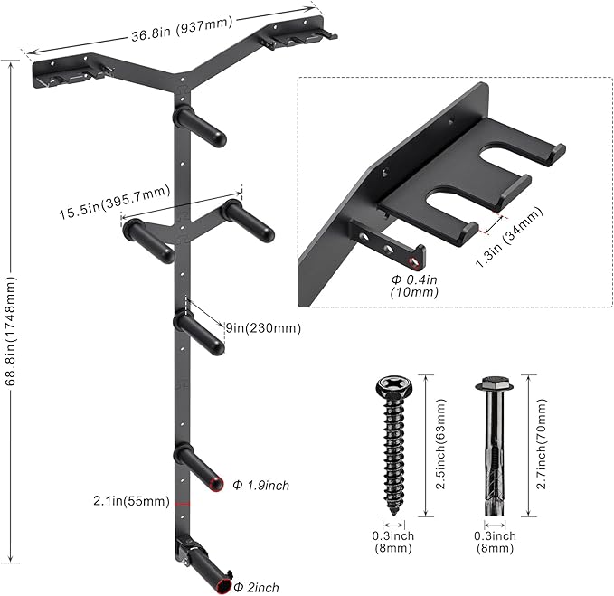 Wall Mounted Weight Plate Rack, Heavy Duty Olympic Barbell Holder & T Bar Row Landmine Attachment, 5 Pegs & 4 Barbell Storage, Space-Saving Home Gym Organizer