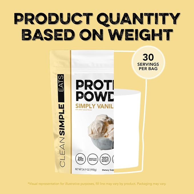 Clean Simple Eats Whey Protein Powder, Simply Vanilla Flavor Naturally Sweetened, 100% Grass Fed Protein Powder with Digestive Enzymes & No Artificial Ingredients, Gluten Free, 30 Servings