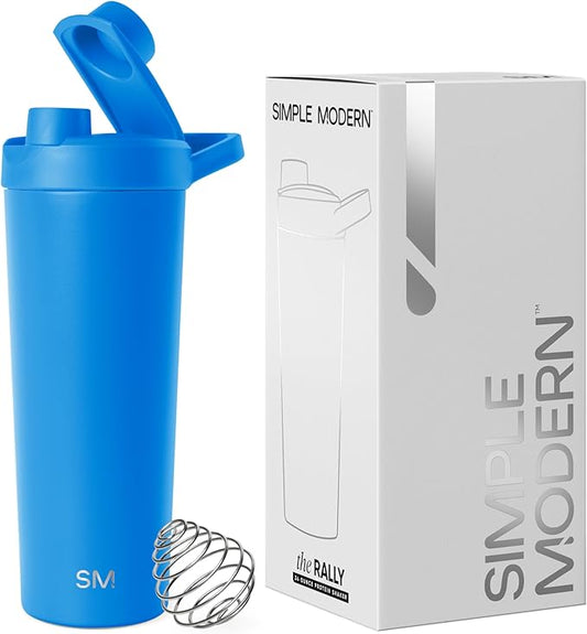 Simple Modern Stainless Steel Shaker Bottle with Ball 24oz | Metal Insulated Cup for Protein Mixes, Shakes and Pre Workout | Rally Collection | Supersonic Blue