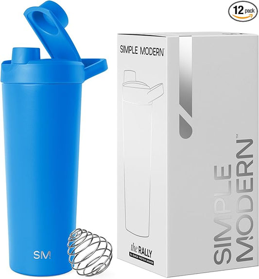 Simple Modern Stainless Steel Shaker Bottle with Ball 24oz | Metal Insulated Cup for Protein Mixes, Shakes and Pre Workout | Rally Collection | Supersonic Blue (Pack of 12)