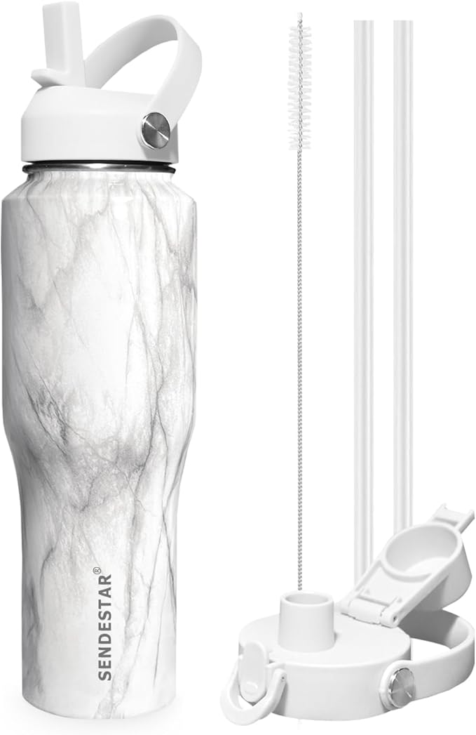 SENDESTAR 32oz Water Bottle Wide Mouth Stainless Steel Vacuum Insulated Double Wall with Straw Lids Fit in Any Car Cup Holder,Marbling