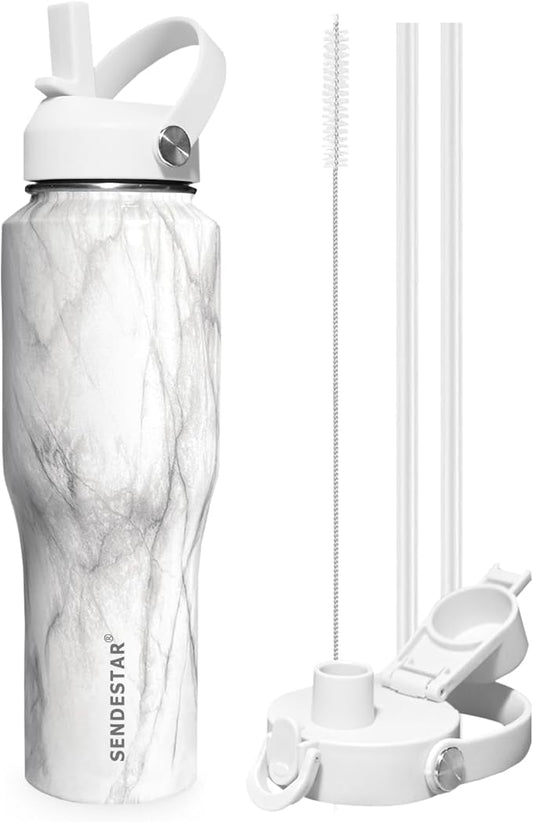SENDESTAR 32oz Water Bottle Wide Mouth Stainless Steel Vacuum Insulated Double Wall with Straw Lids Fit in Any Car Cup Holder,Marbling
