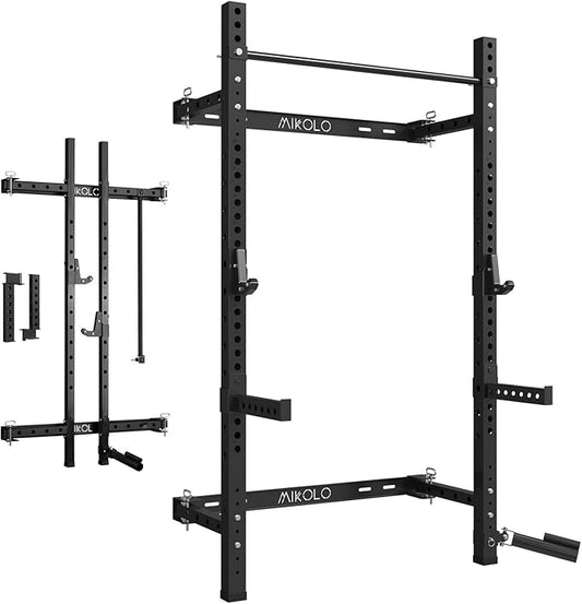 Mikolo 2" x 2" Folding Wall Mounted Squat Rack, 1000 Pounds Capacity Power Rack with Pull Up Bar, J Hooks and Other Attachments, Space-Saving Home Gym