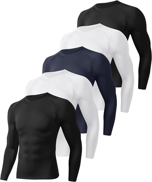 5 Pack Long Sleeve Compression Shirts for Men - Black Quick Dry Workout Base Layer Undershirt Top for Athletic Gym Running
