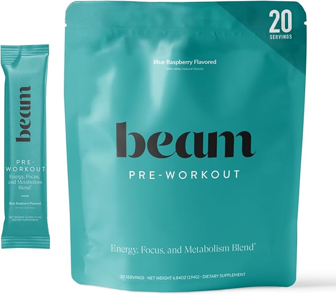 Beam Pre Workout Powder for Energy, Focus & Endurance – Natural Caffeine from PurCaf, Cognizin, Electrolytes, L-Citrulline, Beta-Alanine, L-Theanine – No Crash, Jitter-Free, 20 Serving Sticks