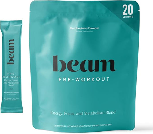 Beam Pre Workout Powder for Energy, Focus & Endurance – Natural Caffeine from PurCaf, Cognizin, Electrolytes, L-Citrulline, Beta-Alanine, L-Theanine – No Crash, Jitter-Free, 20 Serving Sticks
