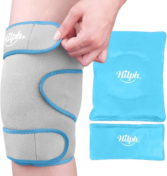 Hilph Large Hot & Cold Therapy Knee Ice Wrap with Dual Gel Packs & Adjustable Brace for Full Knee Coverage, Pain Relief for Replacement Surgery, Arthritis, ACL, Meniscus Tear, Women, Men Grey